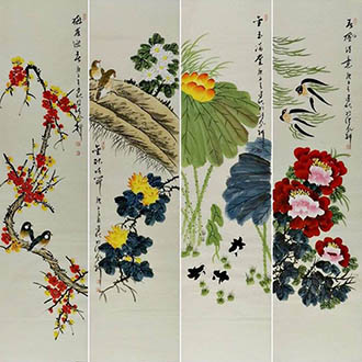 Chinese Four Screens of Flowers and Birds Painting,33cm x 130cm,2568014-x