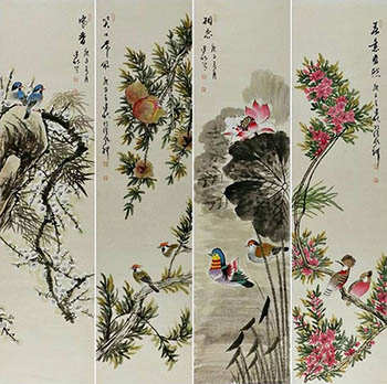 Chinese Four Screens of Flowers and Birds Painting,33cm x 130cm,2568015-x