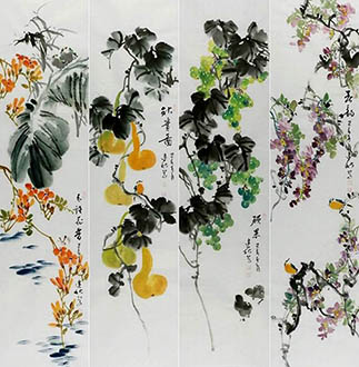 Chinese Four Screens of Flowers and Birds Painting,33cm x 130cm,2568016-x