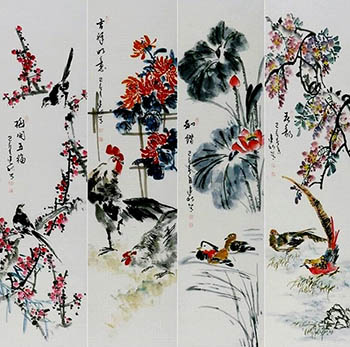 Chinese Four Screens of Flowers and Birds Painting,33cm x 130cm,2568017-x