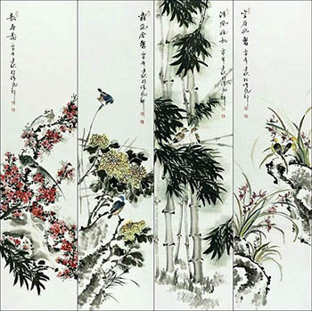 Chinese Four Screens of Flowers and Birds Painting,33cm x 130cm,2568018-x