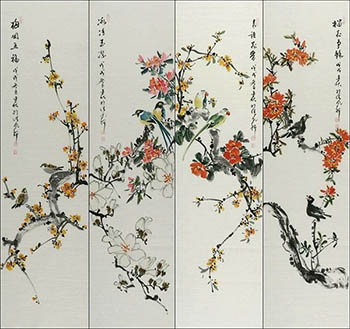 Chinese Four Screens of Flowers and Birds Painting,33cm x 130cm,2568019-x