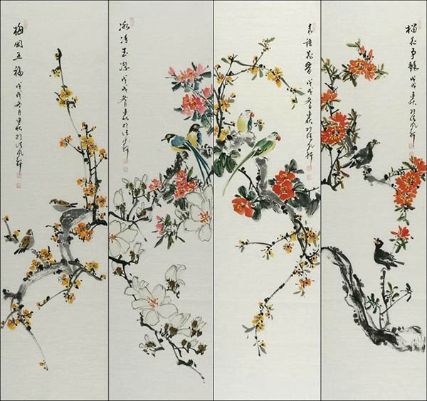 Four Screens of Flowers and Birds,33cm x 130cm(13〃 x 51〃),2568019-z