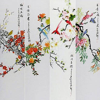 Chinese Four Screens of Flowers and Birds Painting,33cm x 130cm,2568020-x