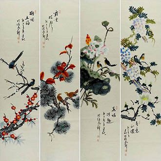 Chinese Four Screens of Flowers and Birds Painting,33cm x 130cm,2568021-x
