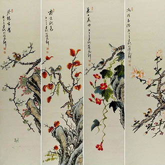 Chinese Four Screens of Flowers and Birds Painting,33cm x 130cm,2568022-x