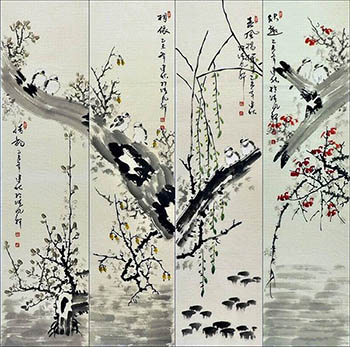 Chinese Four Screens of Flowers and Birds Painting,33cm x 130cm,2568023-x