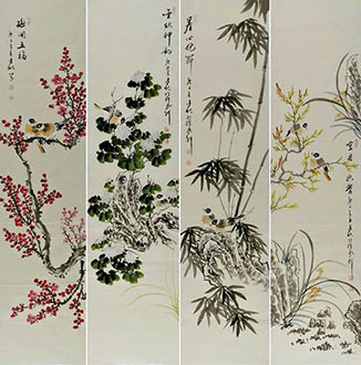 Chinese Four Screens of Flowers and Birds Painting,33cm x 130cm,2568024-x