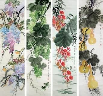 Chinese Four Screens of Flowers and Birds Painting,34cm x 138cm,2569001-x