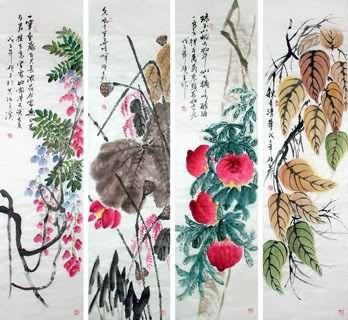 Chinese Four Screens of Flowers and Birds Painting,34cm x 138cm,2569002-x