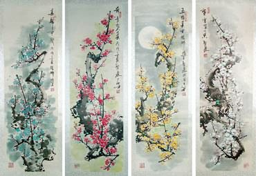 Chinese Four Screens of Flowers and Birds Painting,33cm x 110cm,2569003-x