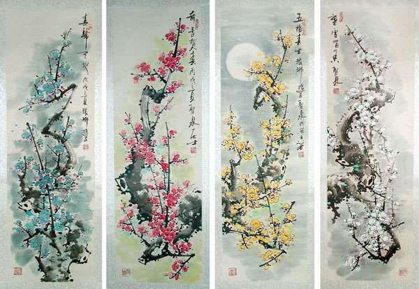 Four Screens of Flowers and Birds,33cm x 110cm(13〃 x 43〃),2569003-z