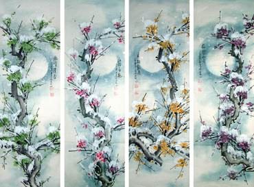 Chinese Four Screens of Flowers and Birds Painting,33cm x 110cm,2569004-x