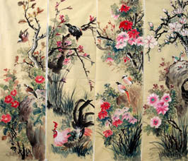 Chinese Four Screens of Flowers and Birds Painting,34cm x 120cm,2581009-x