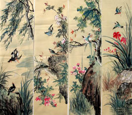 Chinese Four Screens of Flowers and Birds Painting,34cm x 120cm,2581010-x