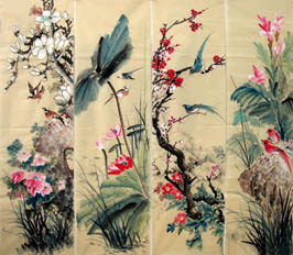 Chinese Four Screens of Flowers and Birds Painting,34cm x 120cm,2581011-x