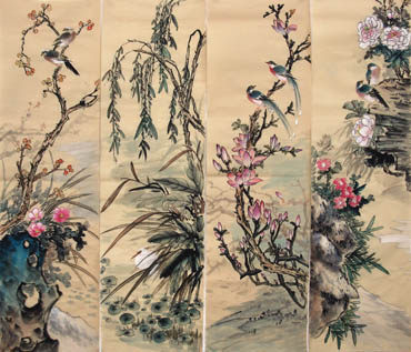Chinese Four Screens of Flowers and Birds Painting,34cm x 120cm,2581012-x