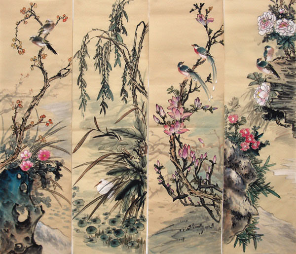 Four Screens of Flowers and Birds,34cm x 120cm(13〃 x 47〃),2581012-z