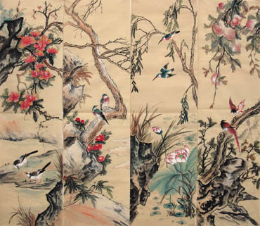Chinese Four Screens of Flowers and Birds Painting,34cm x 120cm,2581013-x