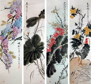 Chinese Four Screens of Flowers and Birds Painting,35cm x 136cm,2600002-x