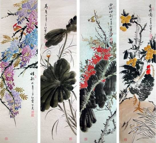 Four Screens of Flowers and Birds,35cm x 136cm(14〃 x 53〃),2600002-z