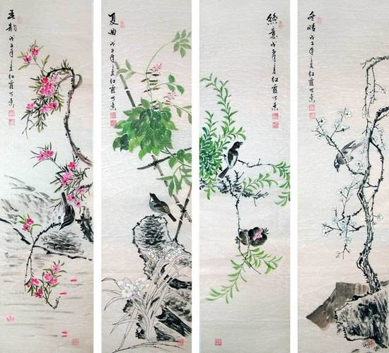 Four Screens of Flowers and Birds,35cm x 136cm(14〃 x 53〃),2600003-z