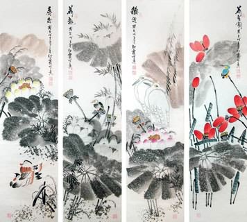 Chinese Four Screens of Flowers and Birds Painting,34cm x 138cm,2600014-x