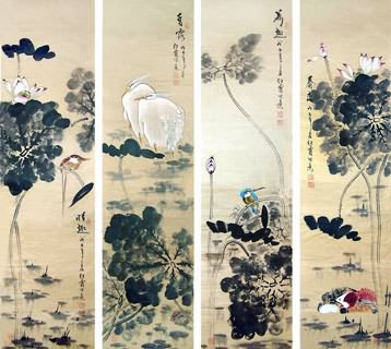 Chinese Four Screens of Flowers and Birds Painting,34cm x 138cm,2600015-x