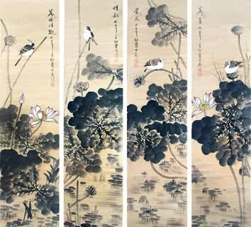 Chinese Four Screens of Flowers and Birds Painting,34cm x 138cm,2600016-x