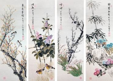 Chinese Four Screens of Flowers and Birds Painting,33cm x 110cm,2600019-x