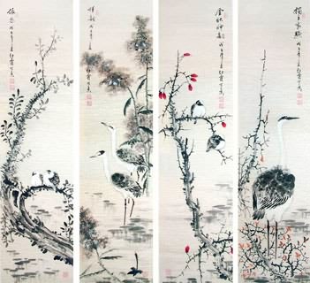 Chinese Four Screens of Flowers and Birds Painting,34cm x 138cm,2600020-x