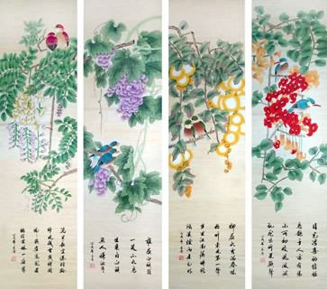 Chinese Four Screens of Flowers and Birds Painting,33cm x 130cm,2617061-x