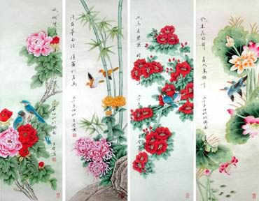 Chinese Four Screens of Flowers and Birds Painting,33cm x 130cm,2617062-x