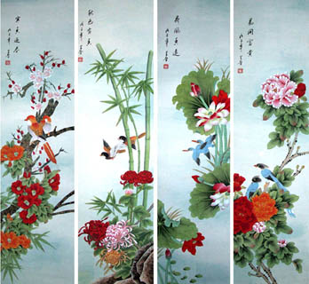 Chinese Four Screens of Flowers and Birds Painting,33cm x 130cm,2617063-x