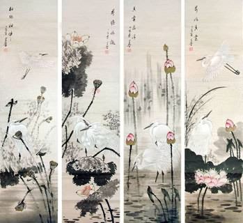 Chinese Four Screens of Flowers and Birds Painting,33cm x 130cm,2617066-x