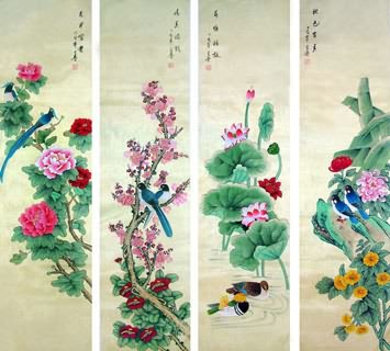 Chinese Four Screens of Flowers and Birds Painting,32cm x 120cm,2617067-x