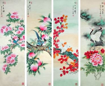 Chinese Four Screens of Flowers and Birds Painting,33cm x 130cm,2617068-x
