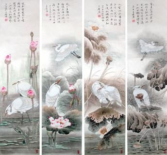 Chinese Four Screens of Flowers and Birds Painting,34cm x 138cm,2617069-x