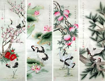 Chinese Four Screens of Flowers and Birds Painting,33cm x 110cm,2617070-x