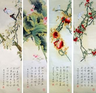 Chinese Four Screens of Flowers and Birds Painting,33cm x 130cm,2617071-x