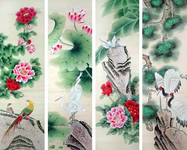Four Screens of Flowers and Birds,32cm x 120cm(13〃 x 47〃),2617072-z