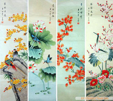 Chinese Four Screens of Flowers and Birds Painting,33cm x 130cm,2617073-x
