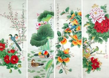 Chinese Four Screens of Flowers and Birds Painting,33cm x 110cm,2617074-x