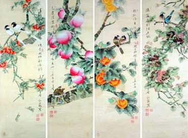 Chinese Four Screens of Flowers and Birds Painting,33cm x 110cm,2617075-x
