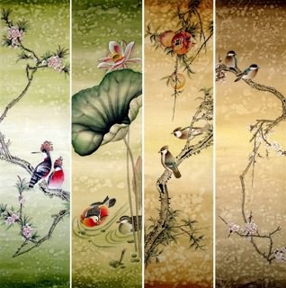 Chinese Four Screens of Flowers and Birds Painting,34cm x 138cm,2670003-x