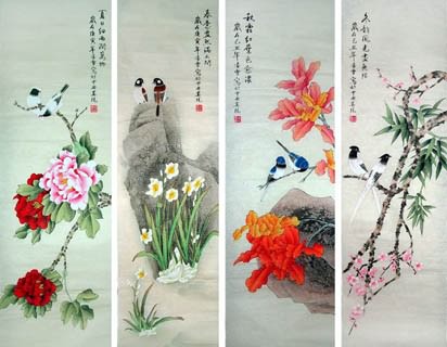 Chinese Four Screens of Flowers and Birds Painting,40cm x 130cm,2702001-x