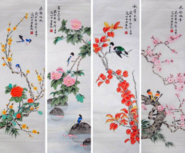 Chinese Four Screens of Flowers and Birds Painting,40cm x 130cm,2702022-x