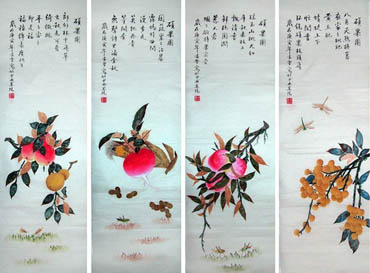 Chinese Four Screens of Flowers and Birds Painting,30cm x 110cm,2702025-x