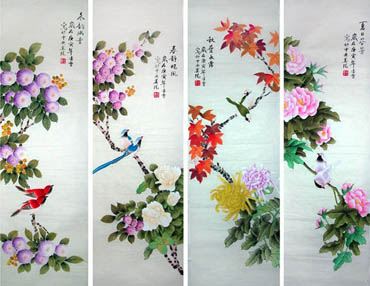 Chinese Four Screens of Flowers and Birds Painting,40cm x 130cm,2702026-x