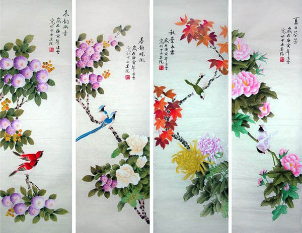 Four Screens of Flowers and Birds,40cm x 130cm(16〃 x 51〃),2702026-z